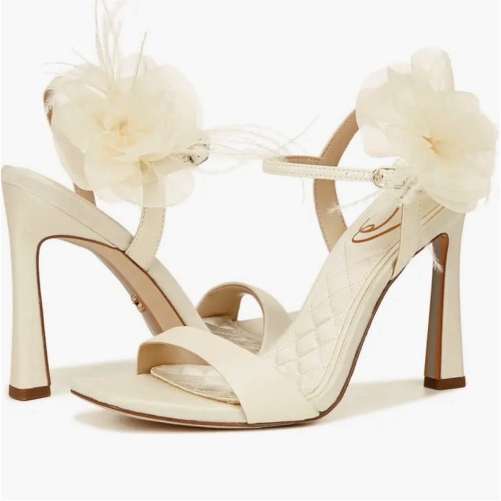 Sam Edelman Ivory Flower Ankle Strap Satin Heeled Sandals Size 8.5